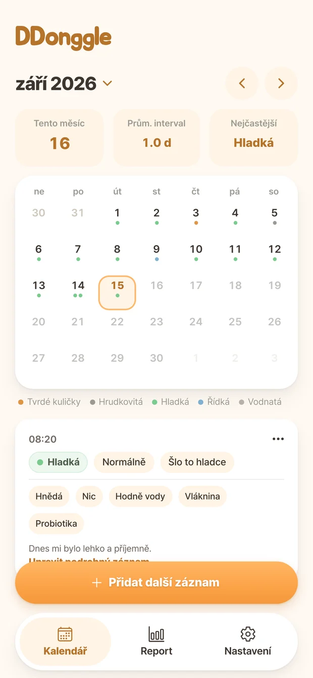 Kalendář Ddonggle se záznamy stolice podle data