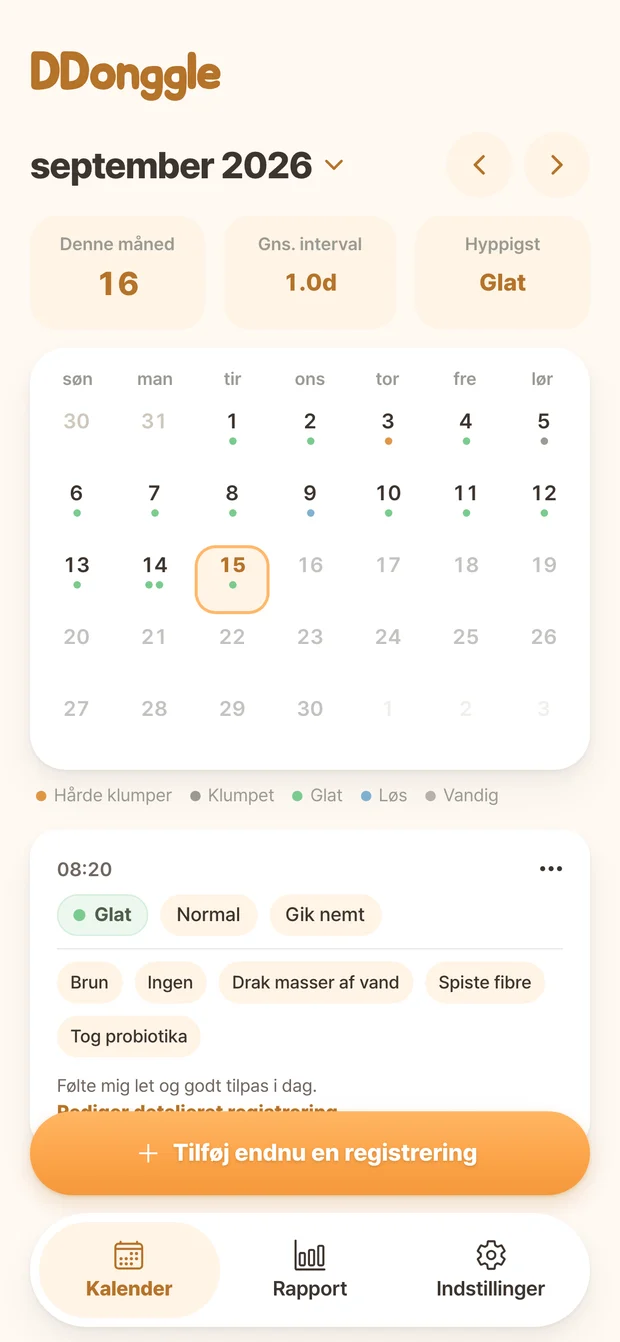 Ddonggle-kalender med afføringsregistreringer efter dato