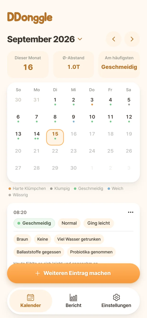 Ddonggle calendar screen showing bowel records by date