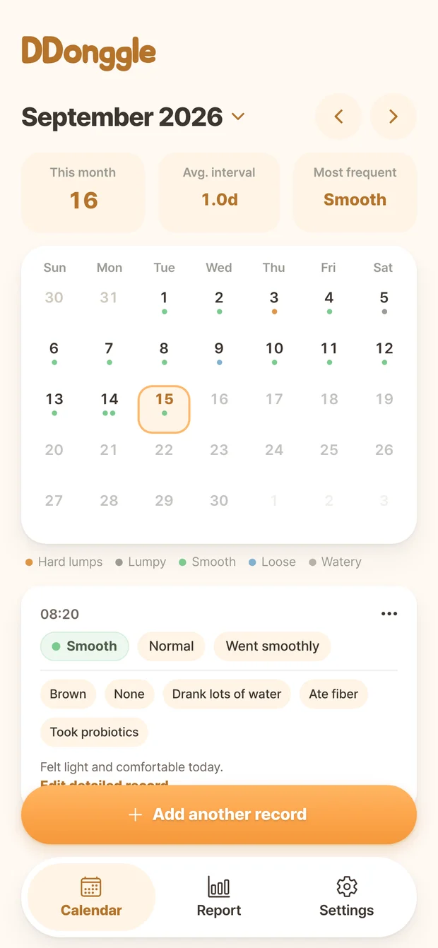 Ddonggle calendar screen showing bowel records by date