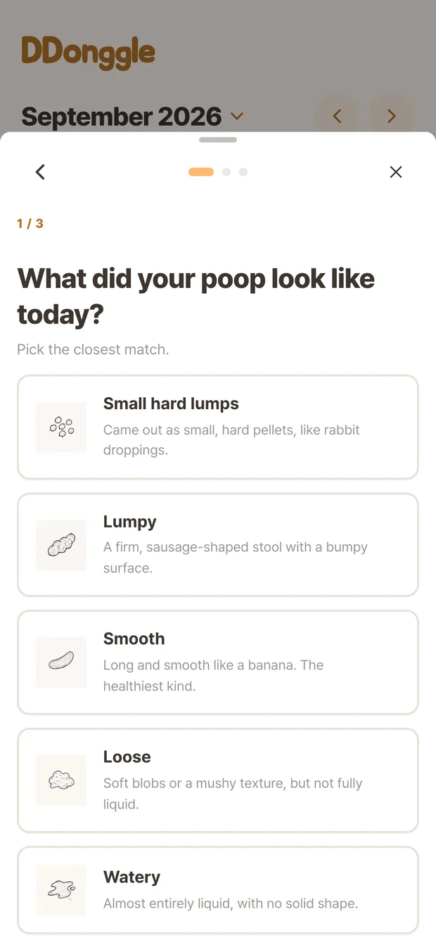 Ddonggle record screen for choosing bowel movement status