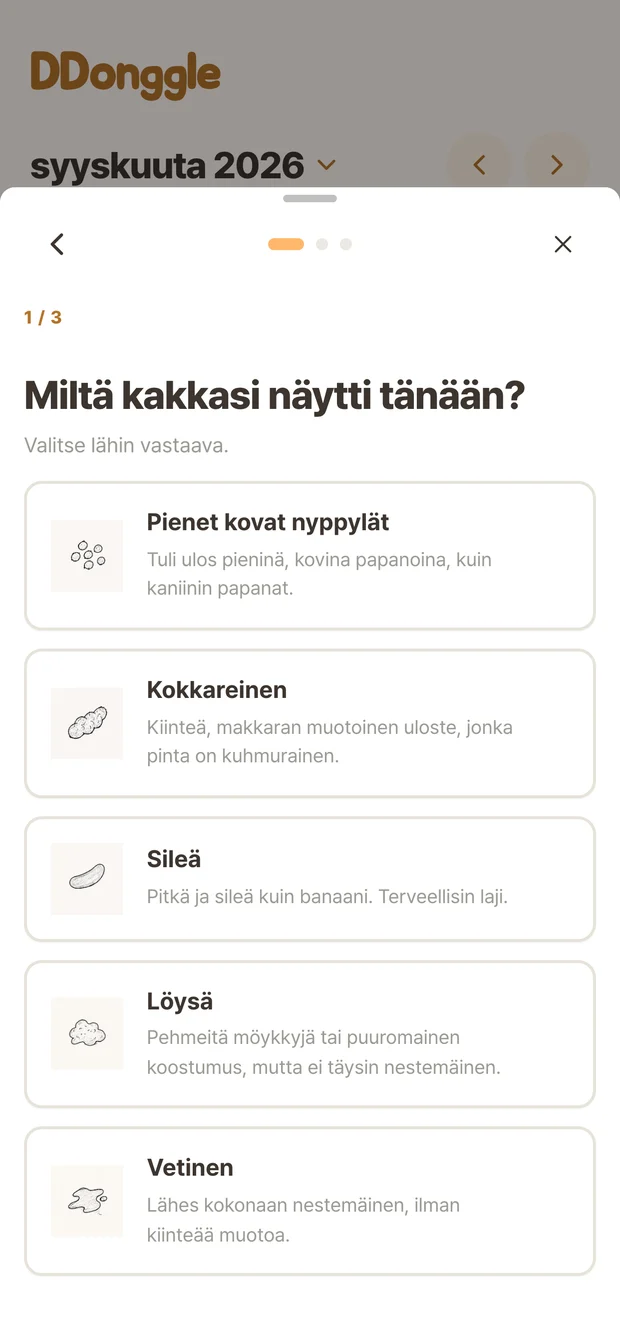 Ddongglen kirjausnäkymä ulosteen tilan valintaan