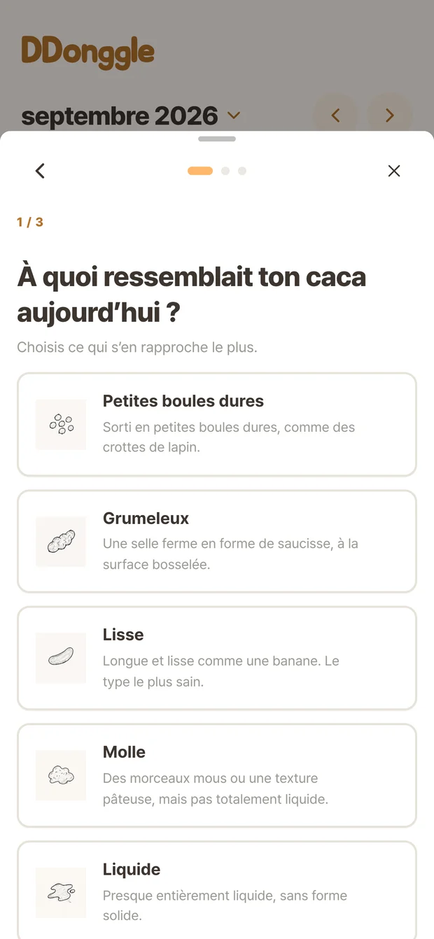 Écran Ddonggle pour choisir l’état des selles