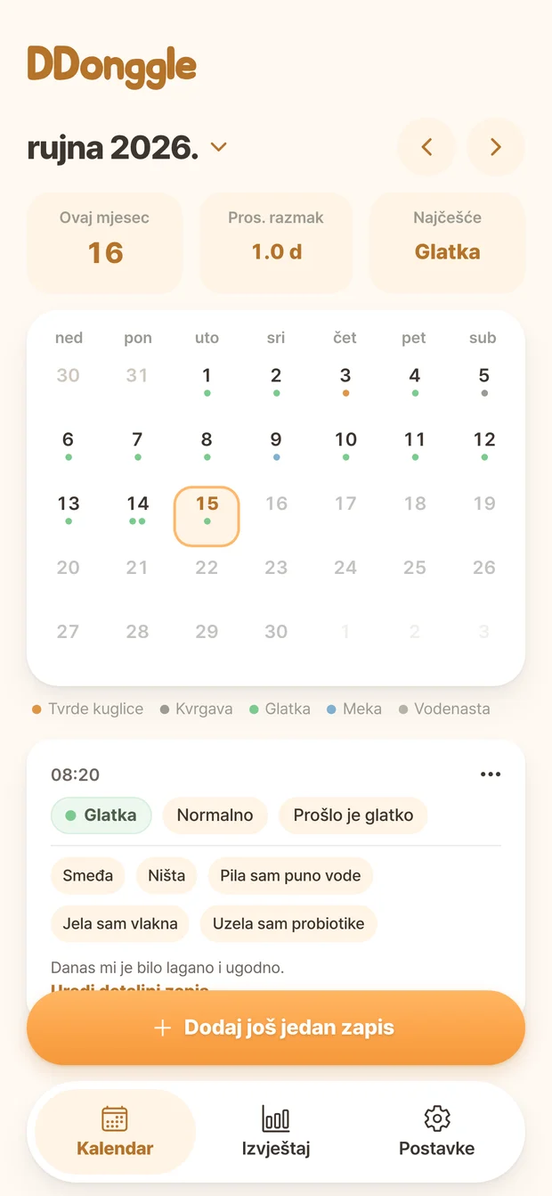 Kalendarski zaslon aplikacije Ddonggle s prikazom zapisa o stolici po datumima
