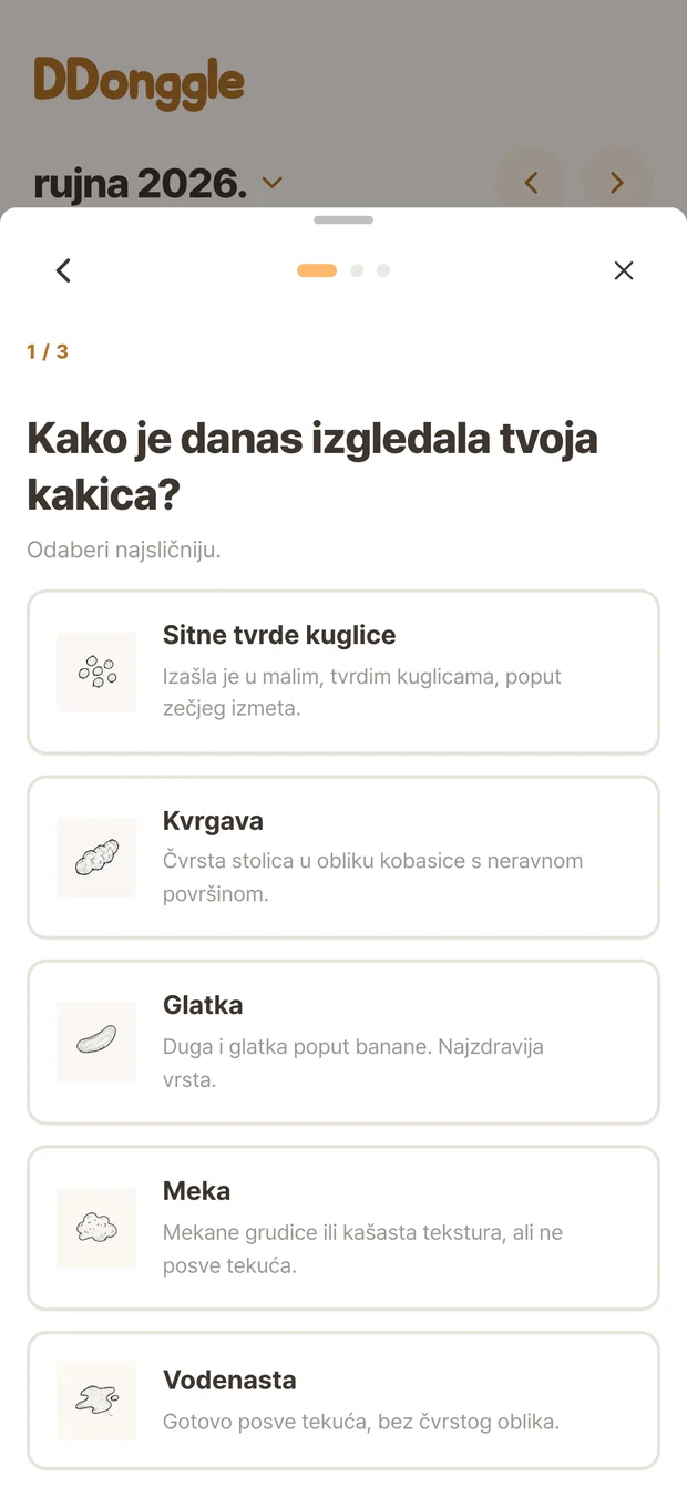 Zaslon za bilježenje u aplikaciji Ddonggle na kojem se odabire stanje stolice