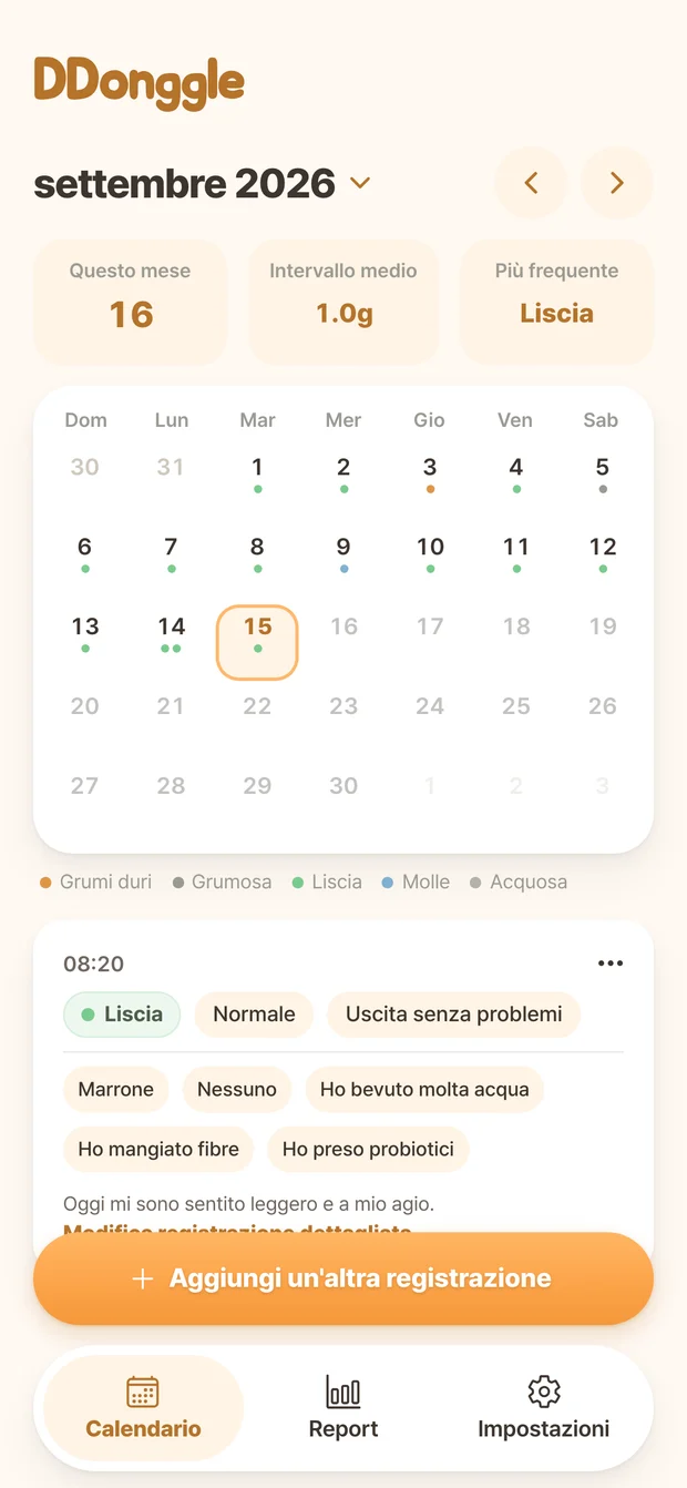 Ddonggle calendar screen showing bowel records by date
