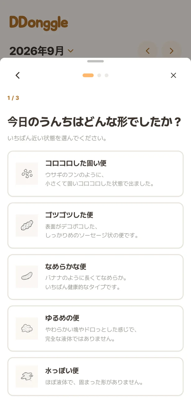 排便の状態を選ぶDdonggle記録画面