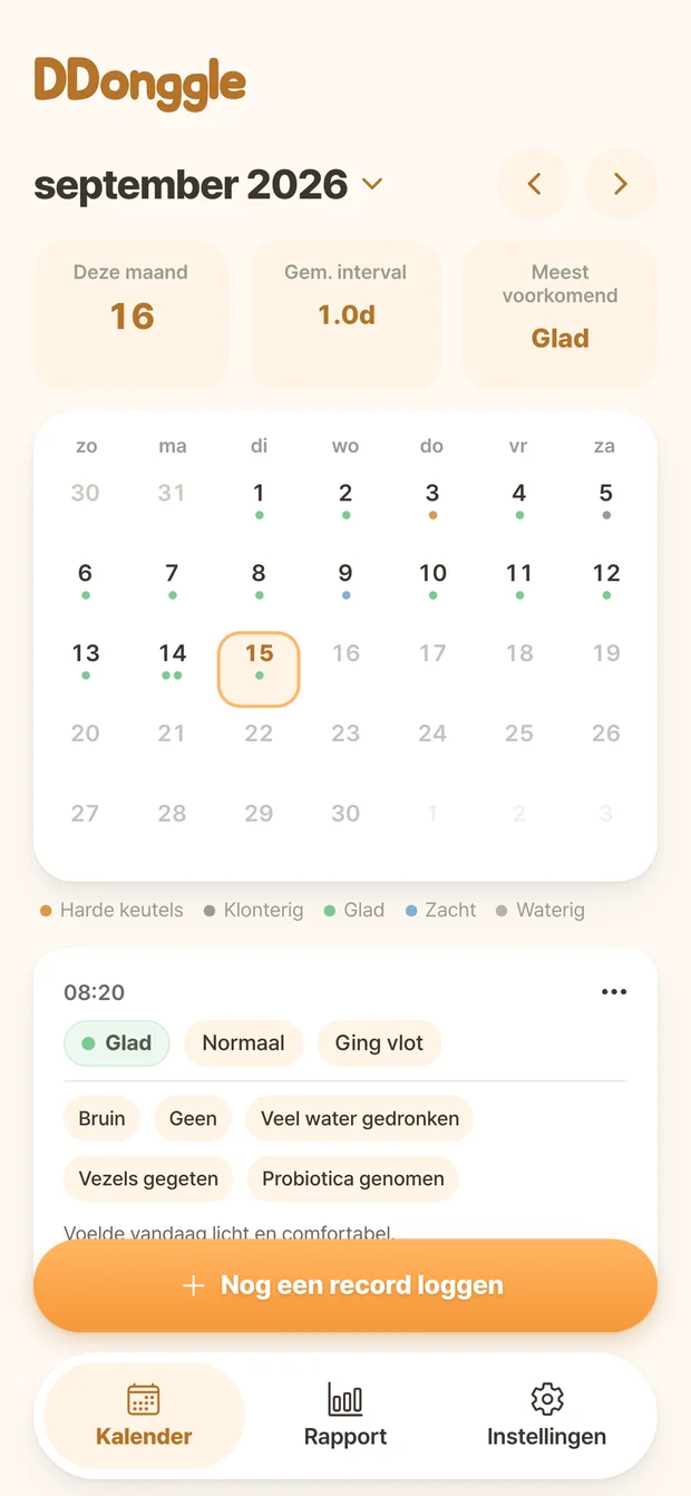 Ddonggle-kalender met registraties per datum