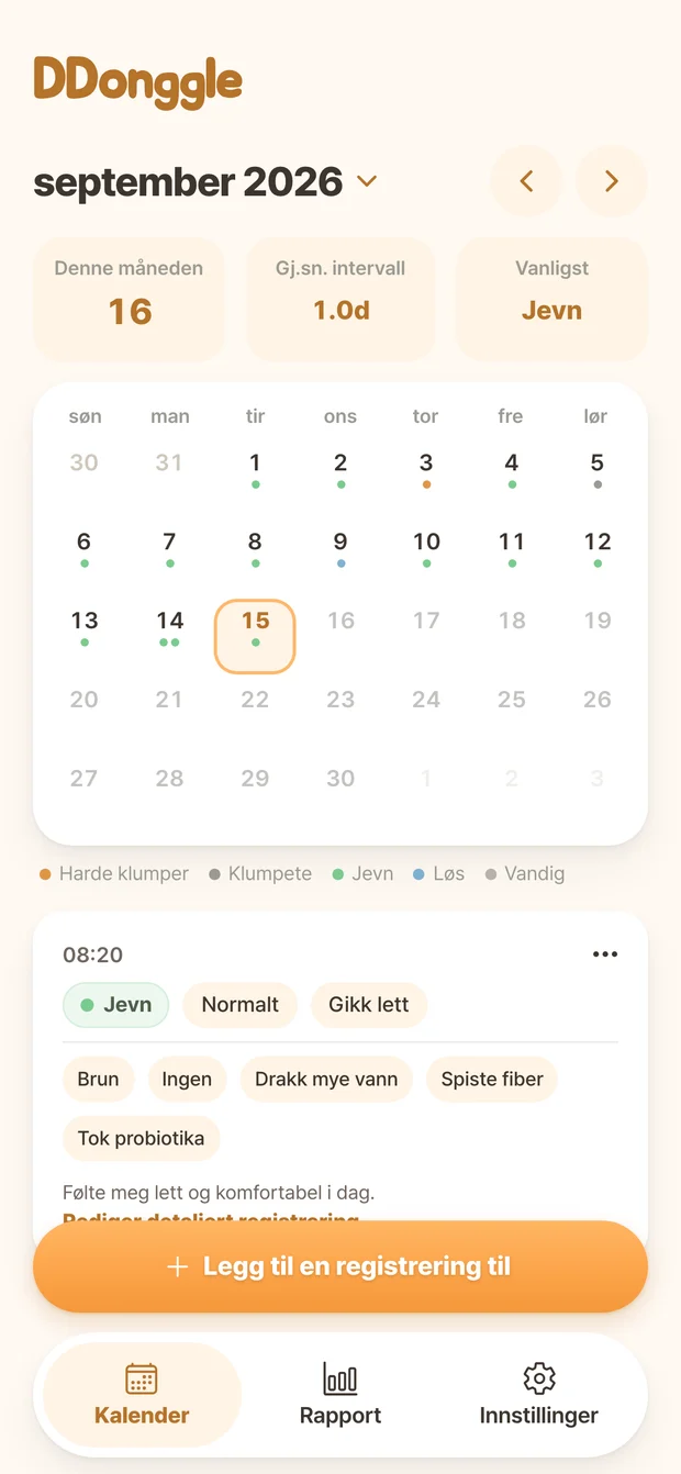 Ddonggle-kalender med avføringsregistreringer etter dato