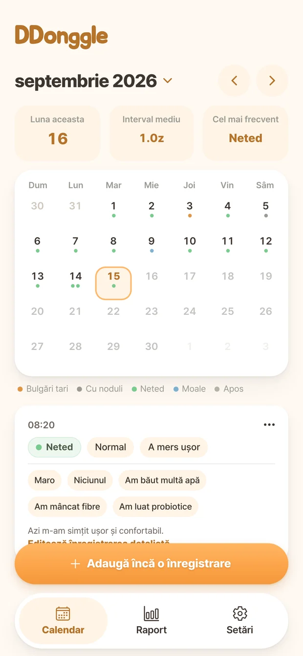 Ecranul calendarului Ddonggle cu înregistrările scaunului afișate după dată