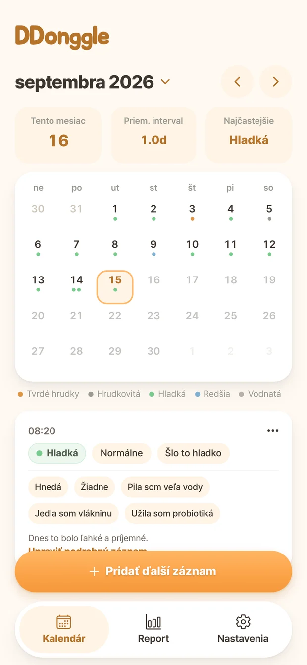 Kalendár Ddonggle so záznamami stolice podľa dátumu