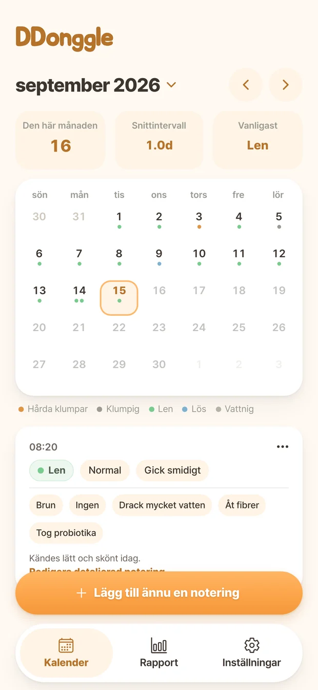 Ddonggles kalender med avföringsregistreringar per datum