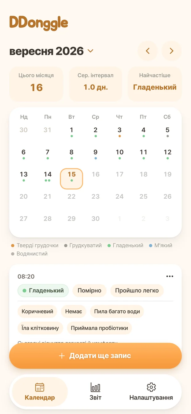 Календар Ddonggle із записами випорожнень за датами