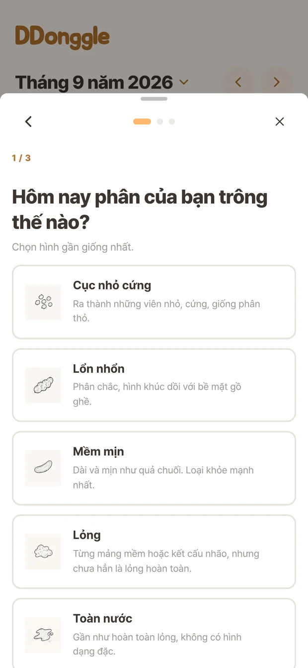 Màn hình Ddonggle chọn tình trạng đi tiêu